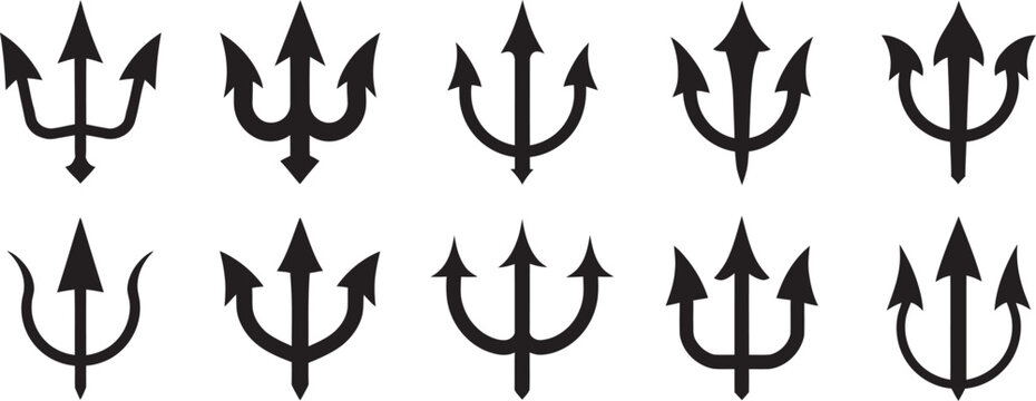 Black trident icon set, Trishul, pitchfork, Hindu religious and ceremonial symbol, devil trident emblem, mythology graphics, and modern vector illustration collection.