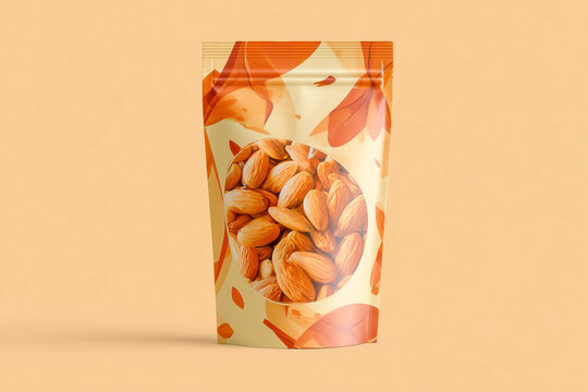 Minimalist packaging design concept for almonds in transparent resealable pouch