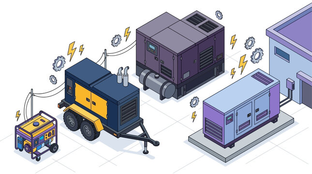 Isometric collection of portable electric power generators including industrial diesel trailer units and small standby backup equipment for energy supply and construction site utility stations.