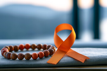 Orange awareness ribbon with wooden bead bracelet symbolizing National Day for Truth and Reconciliation