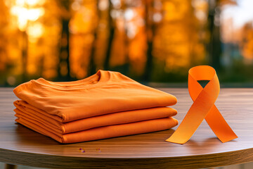 Orange folded sweatshirt with awareness ribbon during autumn sunset symbolizing National Day for Truth and Reconciliation