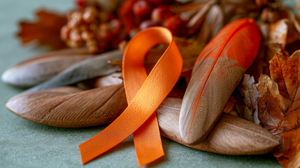 Orange ribbon symbolizing National Day for Truth and Reconciliation surrounded by autumn leaves and almonds