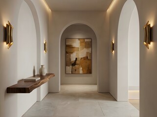 Fototapeta premium Walking through a modern hallway with arched doorways and warm lighting style