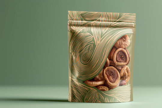 Premium stand-up pouch filled with halved dried figs on contemporary green background