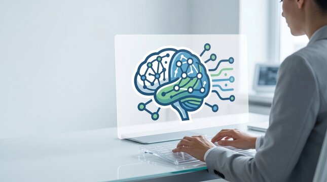 Artificial intelligence concept illustrated by digital brain network on computer monitor, machine learning algorithm visualization for neural network processing and cognitive co...