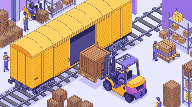 Isometric illustration of a yellow industrial forklift loading heavy cargo boxes into a railway boxcar for efficient warehouse logistics and transport.
