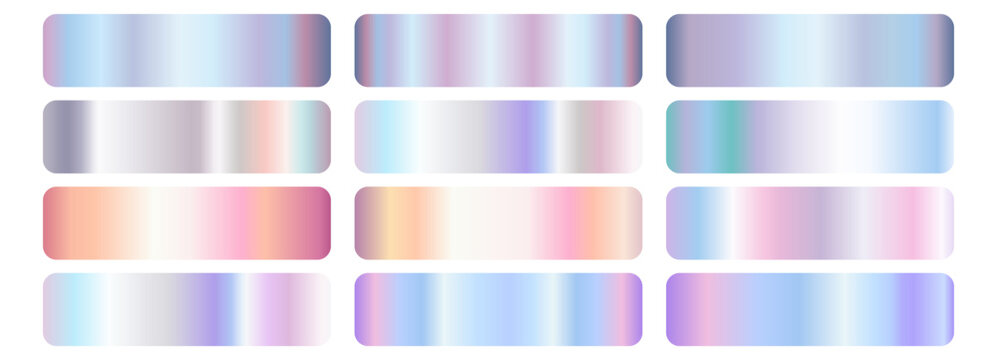 Holographic gradient swatch set. rectangular. Iridescent pearl, lavender, pink, mint, blue foil shades. Glossy multicolor bands, aurora effect. For label, ribbon, badge, frame. Vector metallic texture