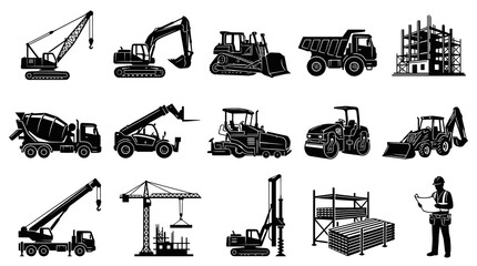 Obraz premium Construction Industry Heavy Machinery and Building Site Glyph Icons Black and White Set