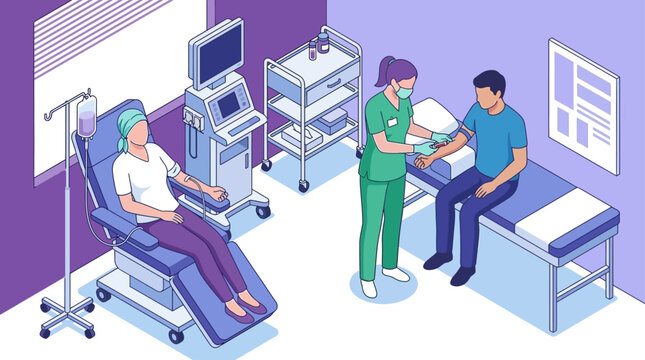 Isometric medical interior clinic showing female patient receiving IV chemotherapy in reclining chair and professional nurse in green scrubs drawing blood from male patient during examination.
