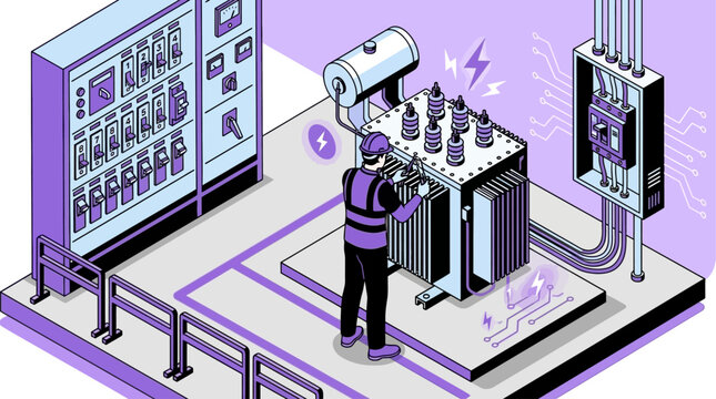 Professional industrial technician performing maintenance on a complex electric distribution switchboard. Isometric view of electrical repair on transformer substation panel and breaker switchbox.
