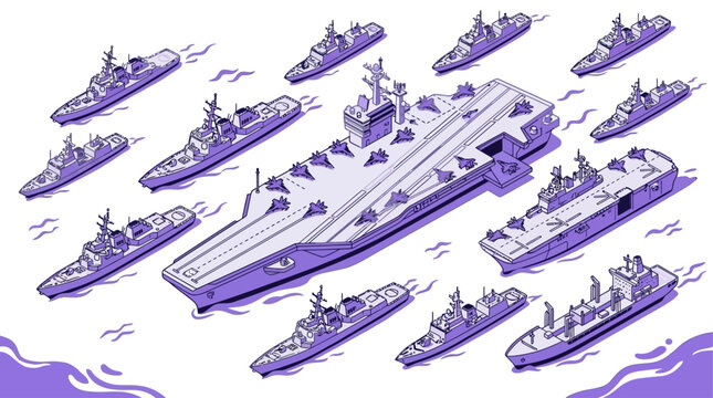 Massive isometric naval fleet featuring a modern aircraft carrier capital ship surrounded by numerous escort vessels forming an elite maritime strike group for amphibious assault operations.