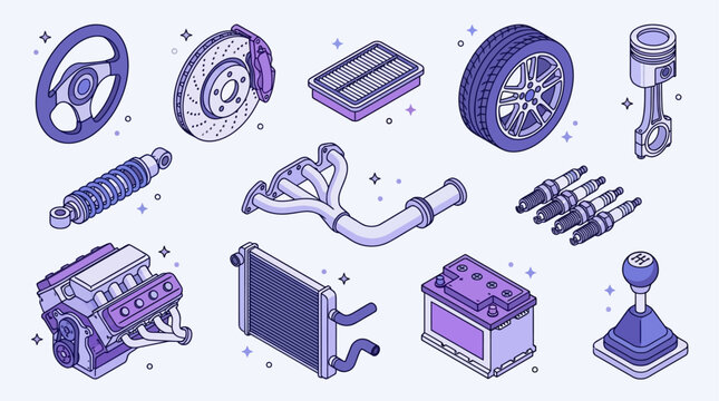 Detailed Isometric 3D Collection of Automotive Spare Parts Featuring Internal Combustion Engine Steering Wheel Alloy Rim Brake Disc Shock Absorber Exhaust Pipe Spark Plug Radiator Battery Gear Shift.