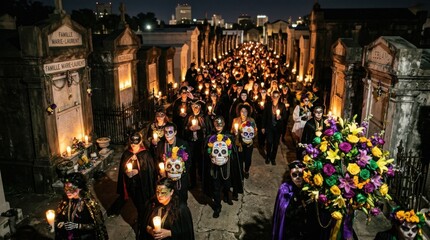 Fototapeta premium Nighttime guided historical walking tour walking through an ancient cemetery with torches and lanterns