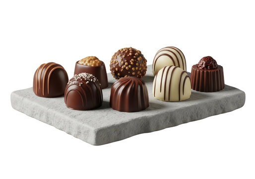 Assorted chocolate bonbons on plate.