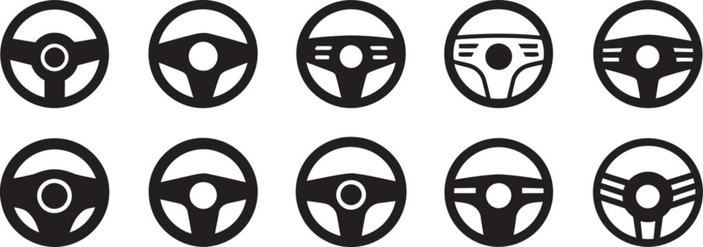 Car steering wheel icons set, silhouette and line style symbols for vehicle interface and UI design, automobile control icons, transportation dashboard graphics, driving symbols, 