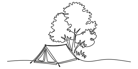 Camping tent and tree continuous line drawing © Sojib
