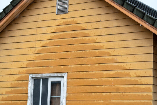 Rain blows against the artificial wood house walls. Water damage, damp walls, mold prevention concept.