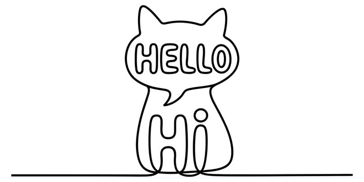 Continuous single line drawing of a cat saying hello and hi