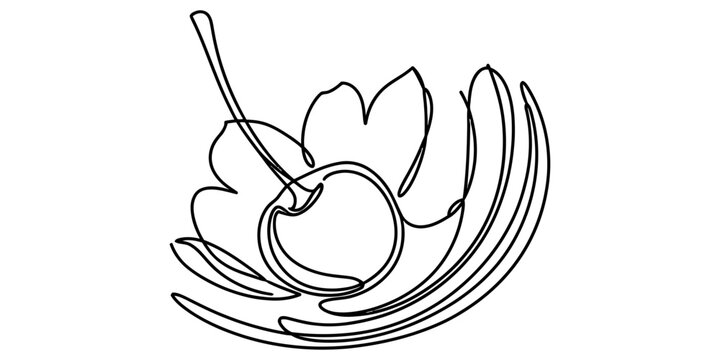 Continuous single line drawing of a fresh cherry with leaf