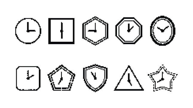 Set of pixel art clocks with different shapes