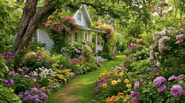 A vibrant garden filled with colorful flowers leading up to a charming house under a lush canopy of greenery.