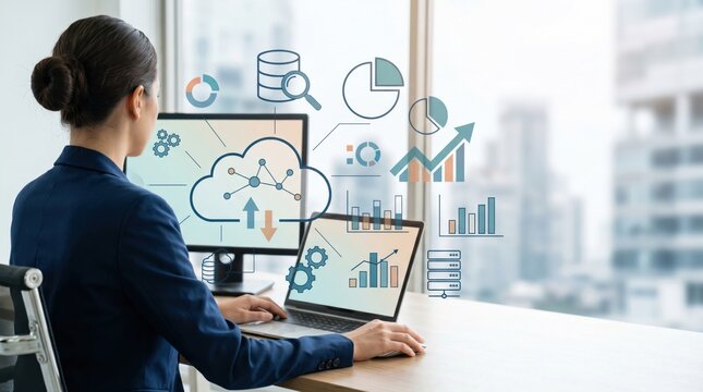 Businesswoman analyzing big data charts and graphs on computer screens, cloud computing network connection, database management and statistical growth trends for corporate strat...