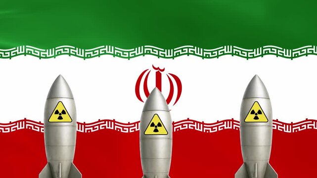 Iranian flag waving with nuclear missiles positioned for launch motion video