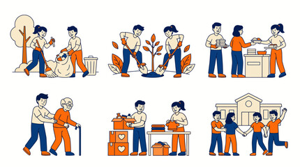 Fototapeta premium Volunteer Community Service and Charity Concept Flat Vector Illustration Set