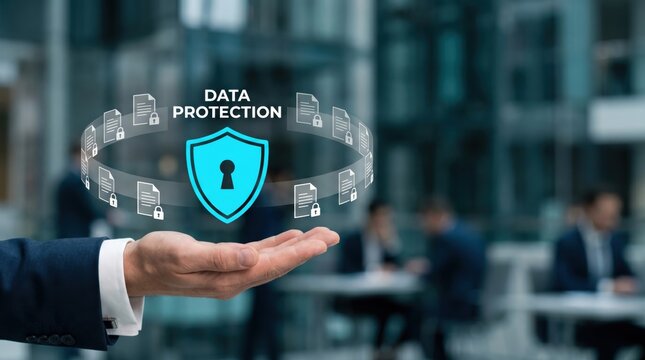 Hand holding data protection shield icon, cyber security concept with locked documents circle, information privacy and digital safety network illustration