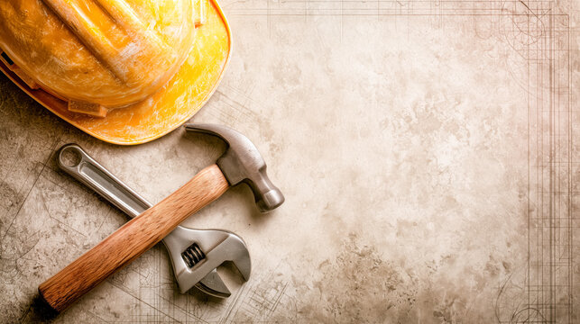 Yellow construction hard hat and tools arranged on vintage blueprint paper for labor theme