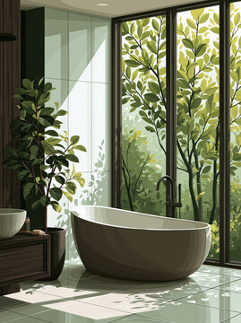 A vector-style illustration of a modern, luxurious bathroom featuring a sleek freestanding bathtub, wooden cabinetry, and large windows with a view of lush garden foliage.