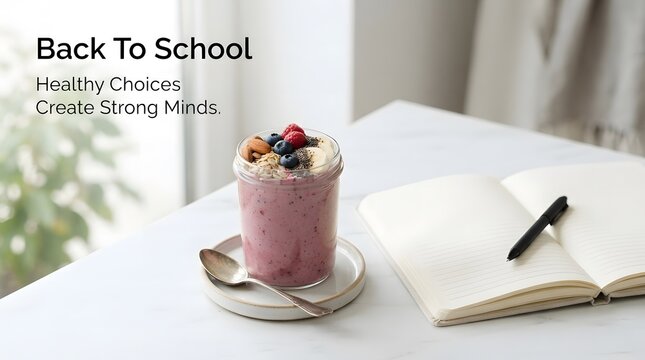Back to school healthy breakfast jar with berries granola and yogurt near blank open journal notebook.
