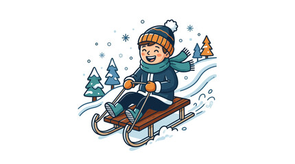 Happy boy riding wooden sled through snowy winter landscape.