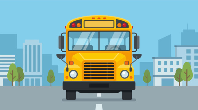 Flat design vector illustration of a yellow school bus front view on a city street. Background includes stylized buildings, green trees, and a clear blue sky under daylight.