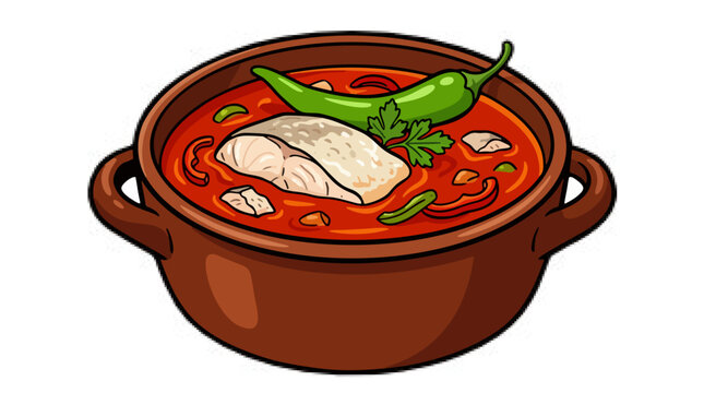 Spicy hungarian fishermans soup halaszle with carp fish and green chili clay bowl vector illustration