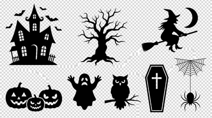 Fototapeta premium Large vector collection of spooky Halloween black silhouettes featuring a haunted mansion, gnarled dead trees, flying witch on broomstick, carved pumpkins, eerie ghosts, owls, and a wooden coffin.