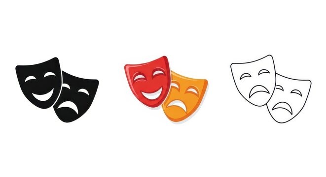 Set of Theater Comedy and Tragedy Masks Icons in Three Different Styles for Drama and Performance Design