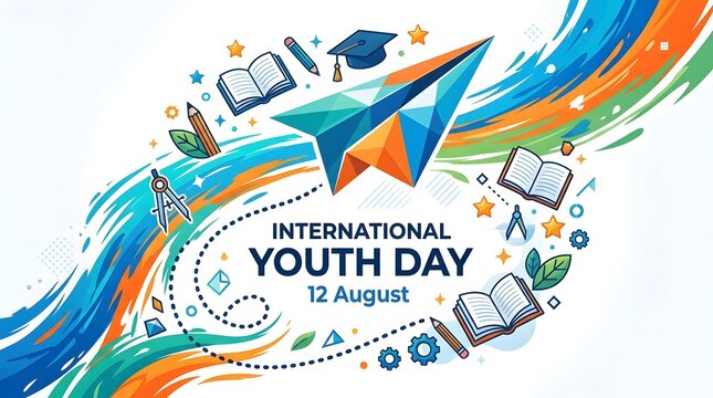International youth day 12 august paper airplane abstract design with education icons and colorful waves.
