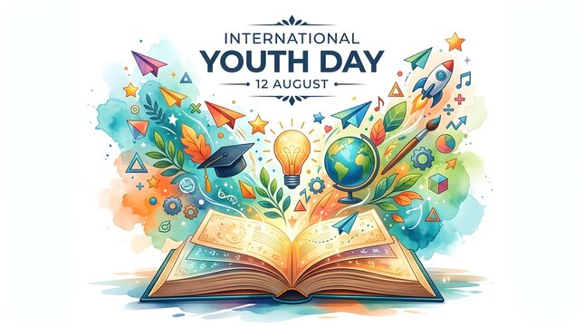 International youth day 12 august celebratory abstract art with open book and graduation cap.
