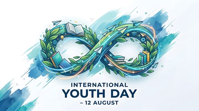 International youth day 12 august infinity symbol made of green leaves and glowing light with education elements.