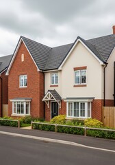 Obraz premium Modern Red Brick and Rendered Two-Story Family Home with Bay Windows and Garden in a Suburban Neighborhood