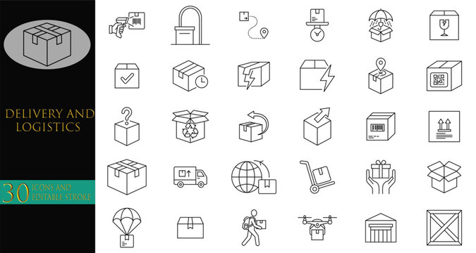 Delivery and Logistics Line Icon Pack Vector Set for Shipping and Package Handling with Editable Stroke Including Parcel Tracking, Barcode Scanning, Drone Delivery and Warehouse Storage.