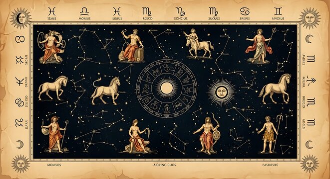 Vintage Zodiac Constellation Chart Displayed on Ornate Celestial Background