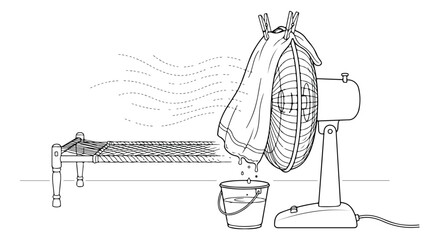 DIY air conditioner vector illustration, homemade cooling system with fan and wet cloth, simple evaporative cooler design, summer heat relief concept © Asma