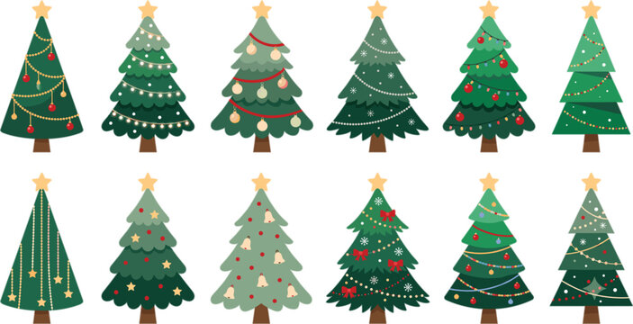 Decorated Christmas Trees Collection Elegant Holiday Graphic Elements Vector Icon Set