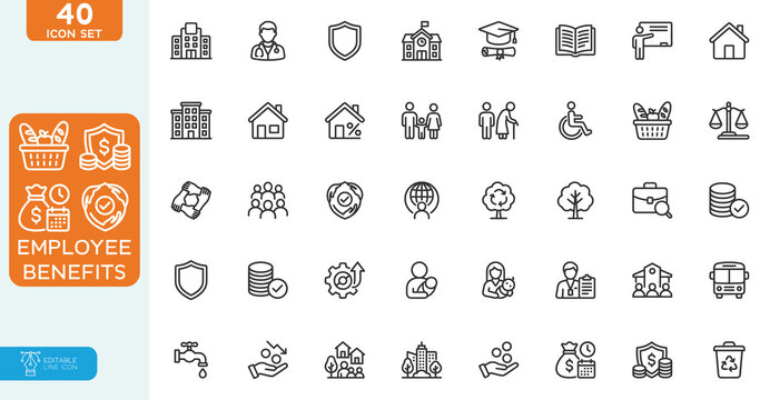 Employee Benefits Vector illustration line editable Icons set. featuring human Resources, Health Insurance, Career Growth, Teamwork, Workplace Wellness, and Corporate Management Concepts.