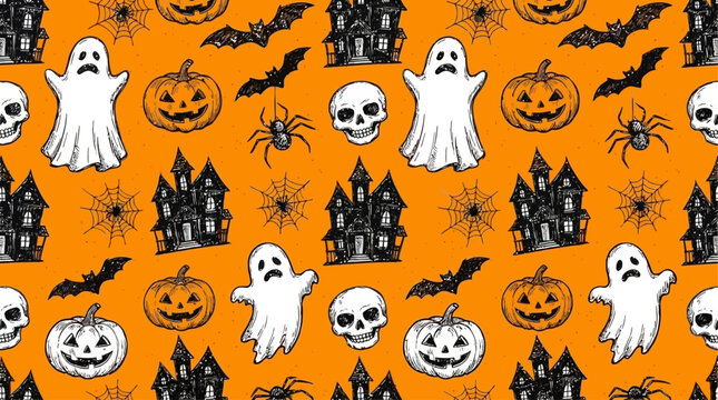 Vibrant Seamless Halloween Pattern Featuring Eerie Ghosts Carved Pumpkins Grinning Skulls Flying Bats Haunted Houses and Creepy Spiders Set Against a Festive Orange Background Spooky Holiday Decor
