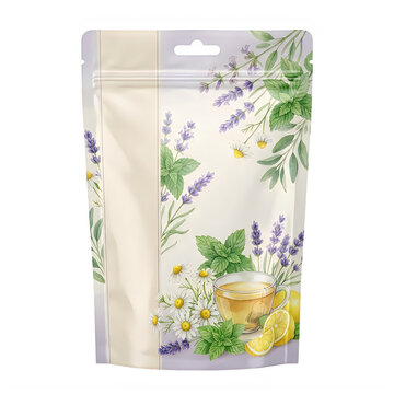 A pouch of herbal tea with lavender chamomile mint and lemon illustrations