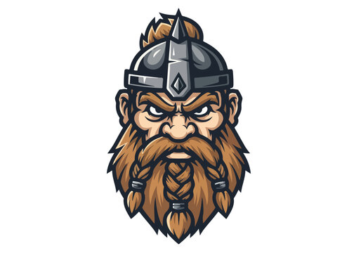 Fierce dwarf warrior mascot logo with braided beard and helmet.