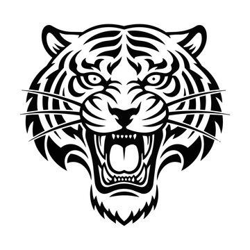 Majestic tiger head with tribal tattoo style and symmetrical features roaring with sharp flowing decorative patterns on a clean white background, animal spirit concept